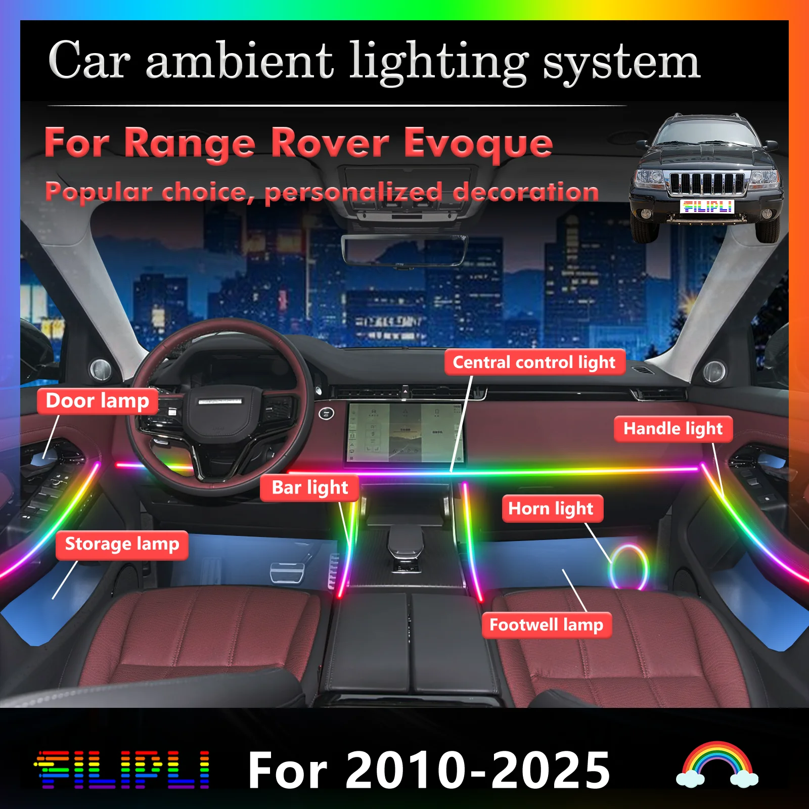 For Range Rover Evoque Car Interior Decorative Ambient Light RGB 64-Color LED Smart Remote Control Energy Saving Efficient Kit
