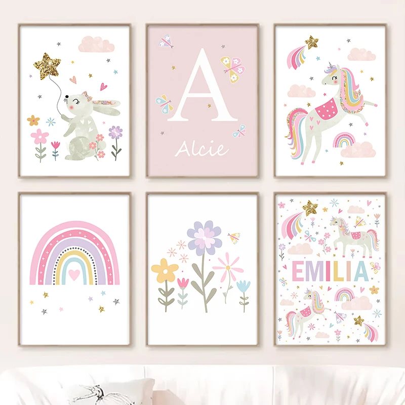 

Pink Rainbow Clouds Art Poster Unicorn Rabbit Flowers Girls Room Kindergarten Early Education Wall Art Home Decoration Wall Art