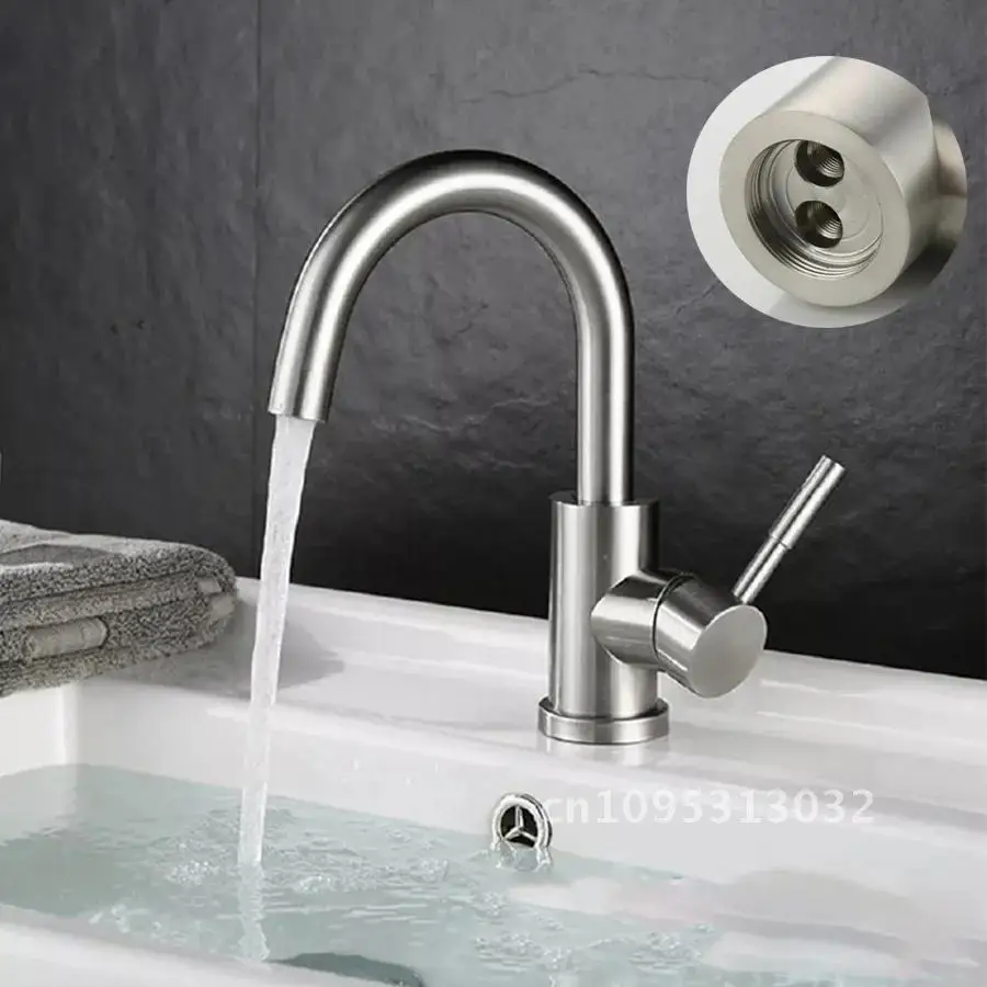 

304 Stainless Steel Hot and Cold Basin Sink Wash Faucet Rotatable Brushed Faucet Bathroom Basin