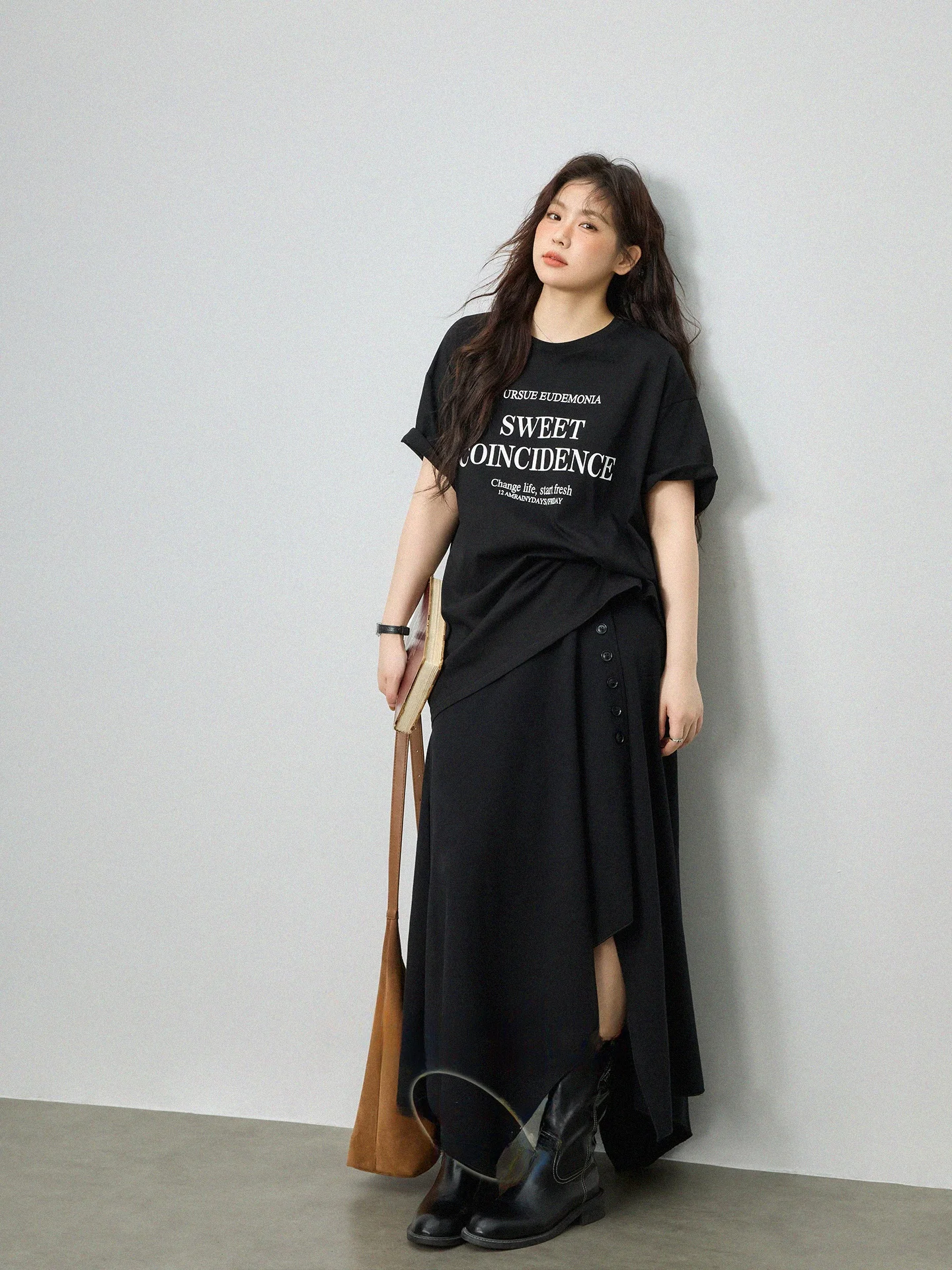 

Юбка миди А-силуэта больших размеров с асимметричным разрезом, для офиса и повседневной носки, в корейском стиле, с высокой талией, из полиэстера, осенняя коллекция