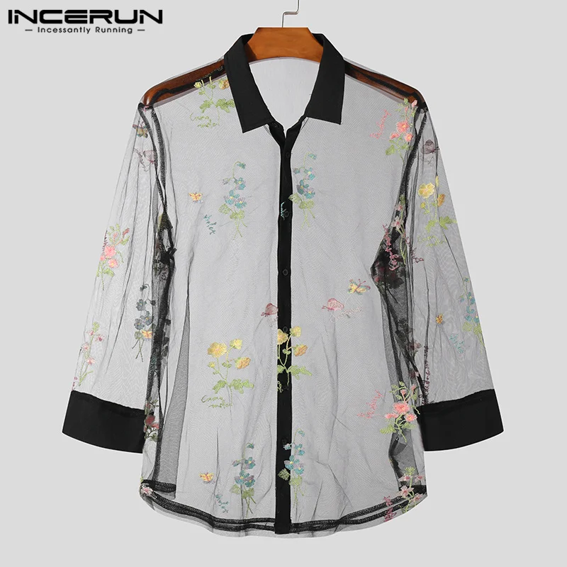 INCERUN Tops 2024 American Style Sexy Men Perspective Jacquard Lace Design Shirts Casual Clubwear Thin Long Sleeved Blouse S-5XL