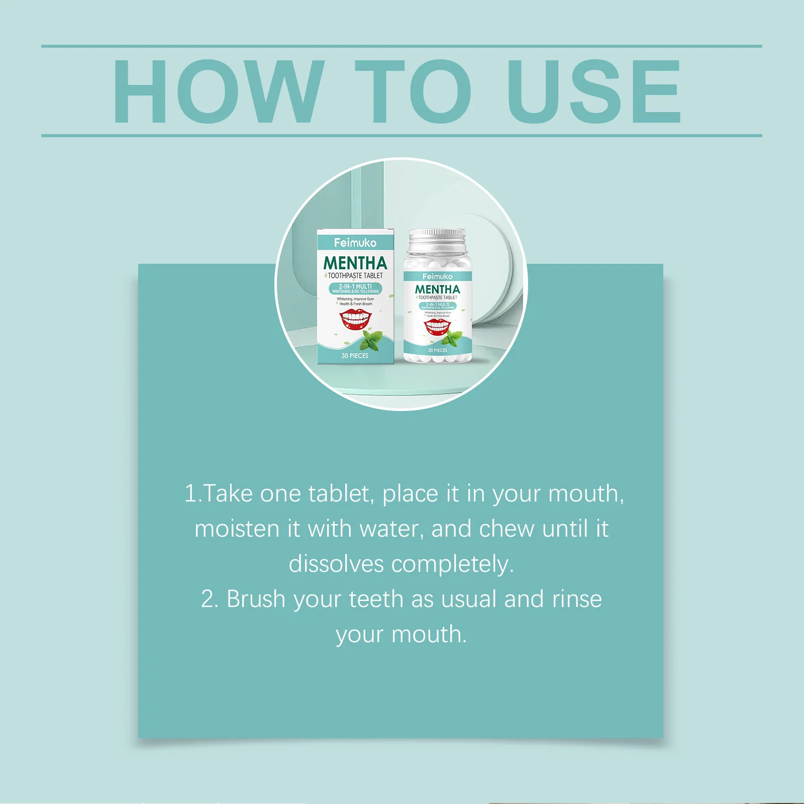 2-in-1 Multi Whitening De-Yellowing Chewable Toothpaste Tablet Mint Fresh Breath Solid Clean Plaque Gum Care Travel Oral Product