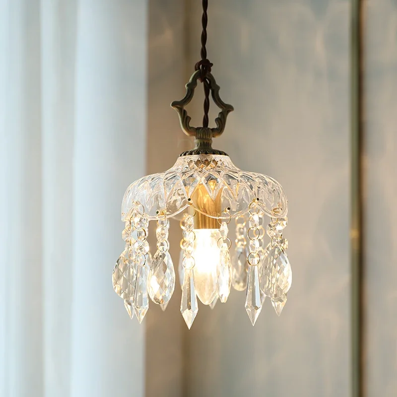 

French Retro Brass Garden Crystal Chandelier For Bedside Indoor Light Balcony Hallway Bar Cloakroom E14 Pendant Lamp