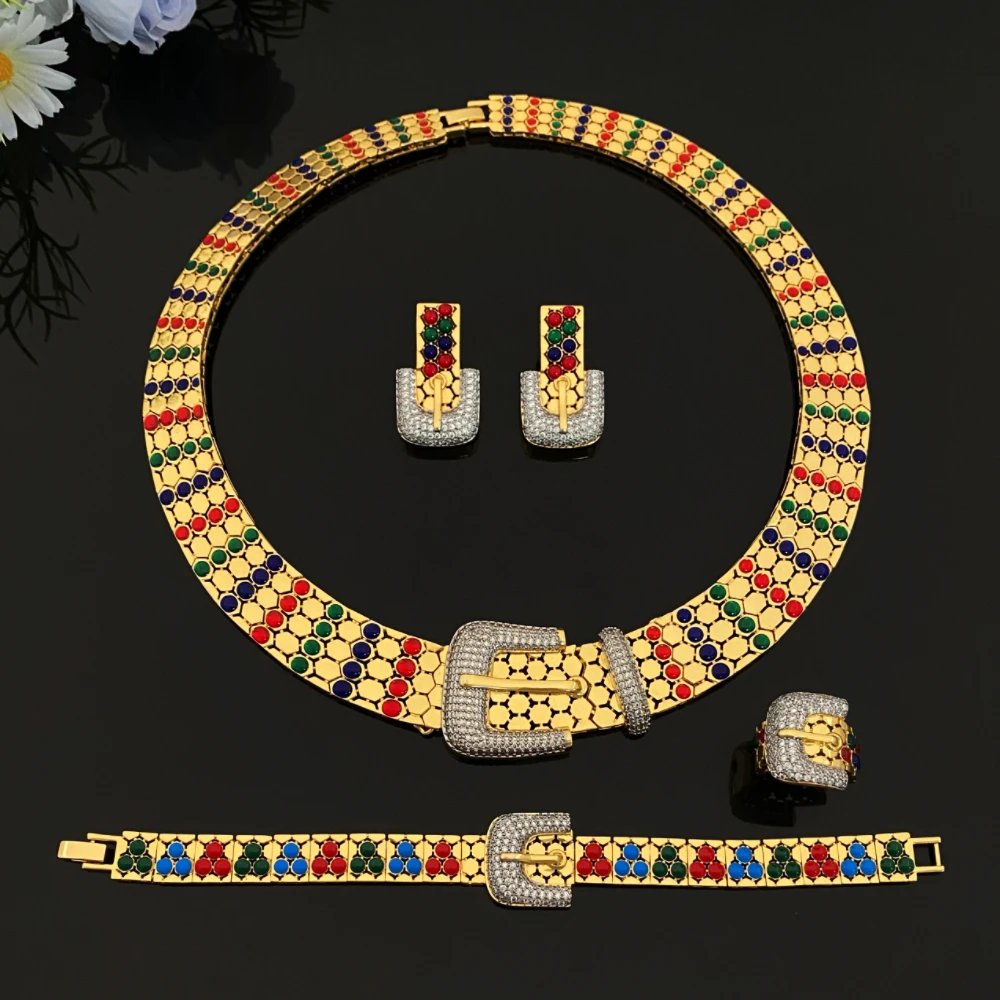 

JRH European Vintage Oil Drip Design Gold Plated Copper Jewelry Set Zirconia Bracelet Ring Necklace Earrings Banquet Accessories