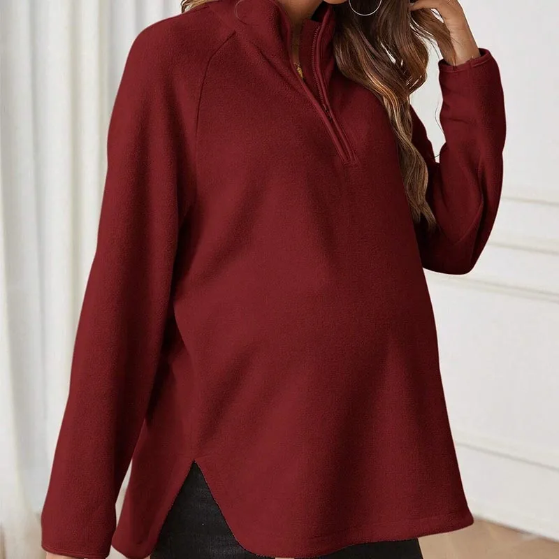 Maternity T-Shirt AutumnWinter Maternity Fashion Solid-Color Zipper Loose-Fit Long-Sleeve T-Shirt