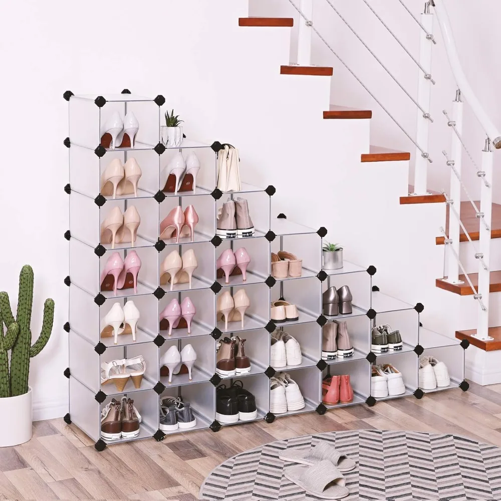 Shoe Rack, Space-Saving 28-Slot Plastic Shoe Storage Organizer Unit, Shoe Cabinet, Ideal for Entryway Hallway Closet Garage