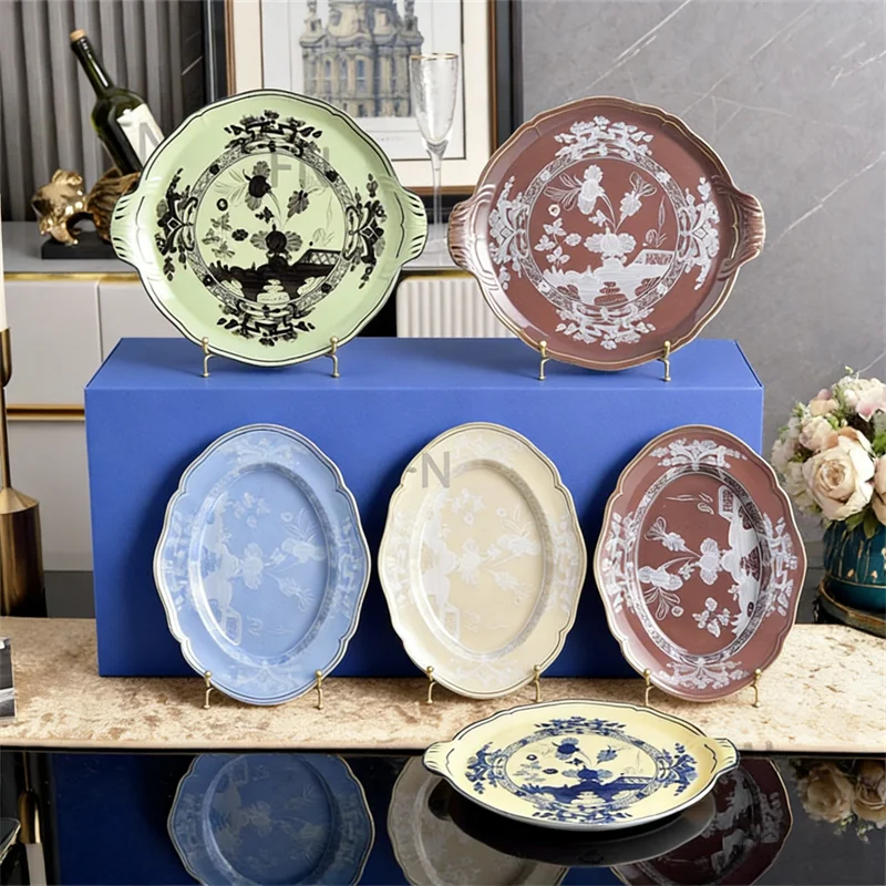 Cerámica de la Serie Oriental, Plato para Pescado Elíptico de 13 Pulgadas, Bandeja con Doble Asa de 11.5 Pulgadas, Vajilla de Alta Gama para el Hogar