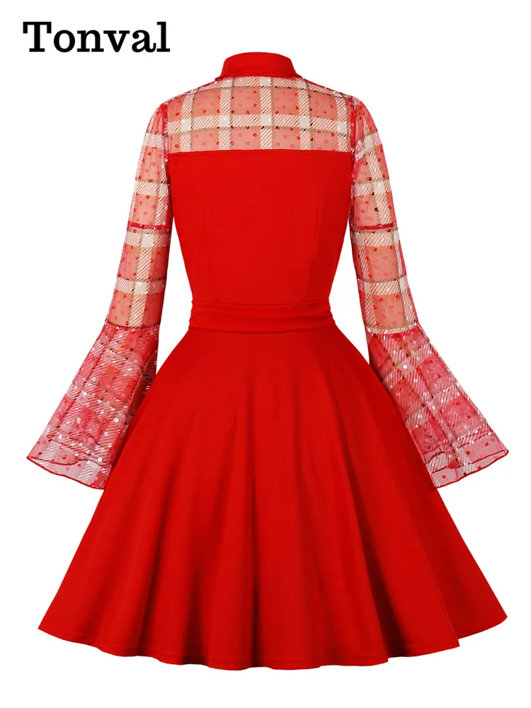 Tonval Red Elegant Evening Christmas Vintage Dress Women Turn Down Collar Plaid Mesh Long Sleeve Patchwork Party Dresses