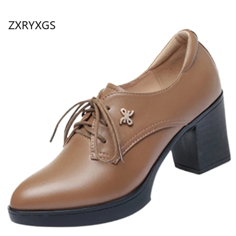 

ZXRYXGS весенне-осенние туфли на высоком каблуке, новинка 2025, элегантные модные женские туфли из натуральной кожи, толстые высокие каблуки, большой размер
