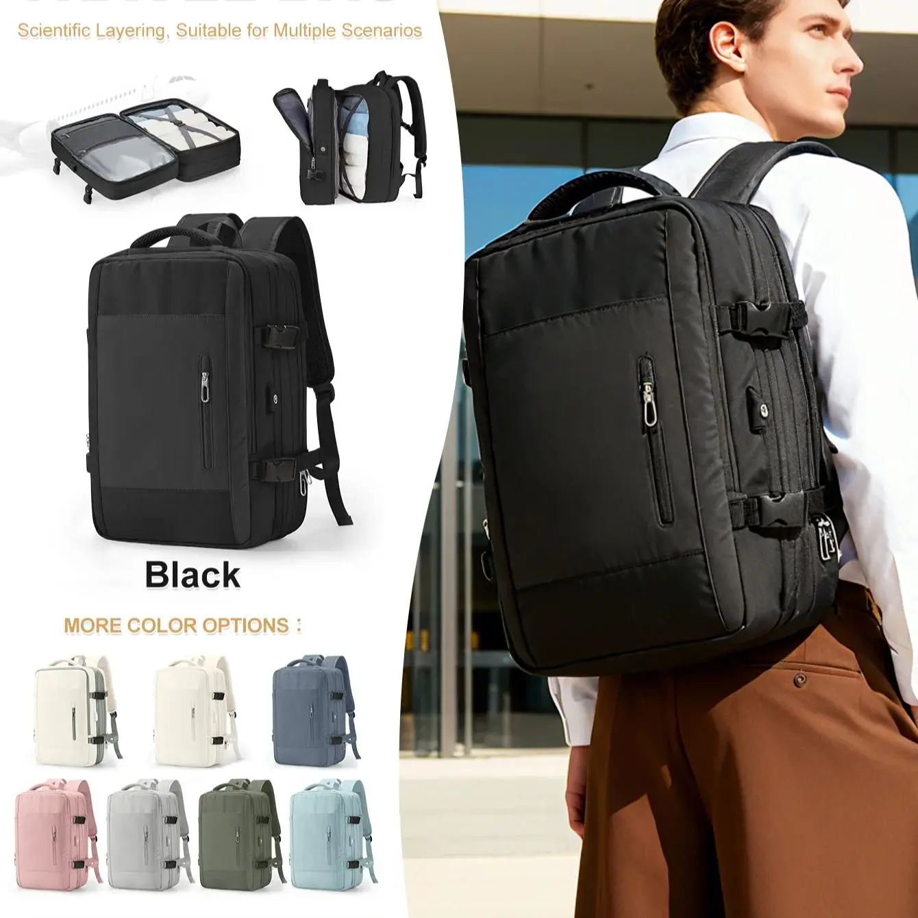 حقيبة ظهر للسفر للرجال والنساء، سعة كبيرة تحمل على حقائب ظهر مقاومة للماء وقابلة للتوسيع وحقيبة كمبيوتر محمول وحقيبة ظهر للأمتعة اليدوية