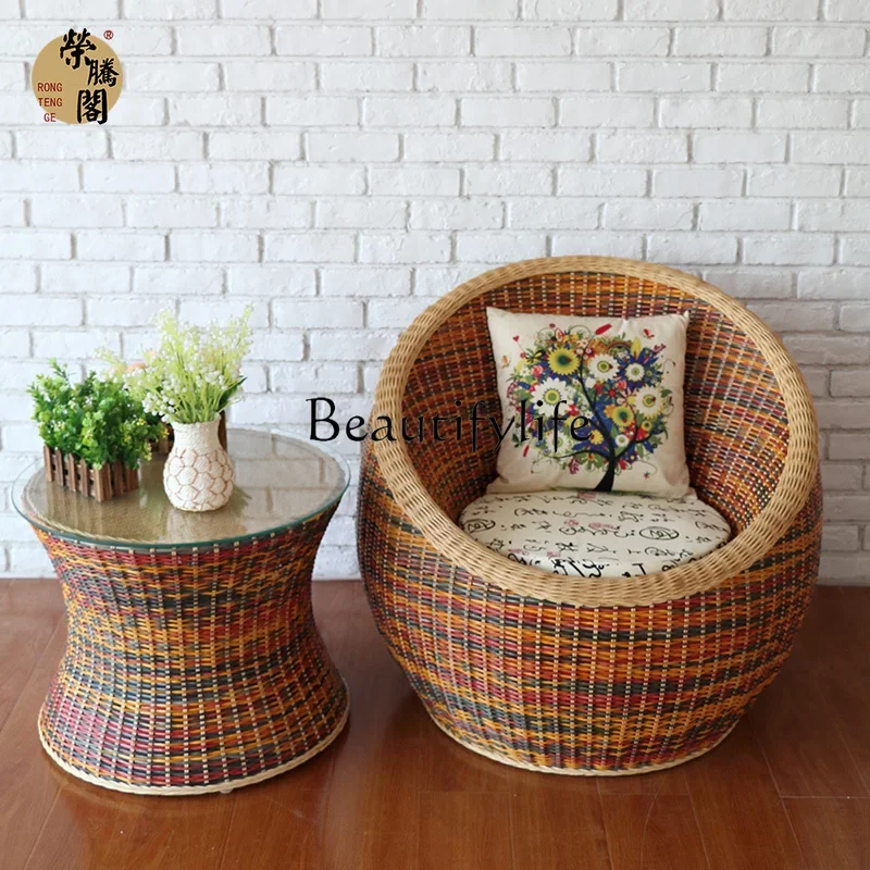 Handmade Vine Woven Balcony Small Table and Chair Real Rattan Three-Piece Table and Chair