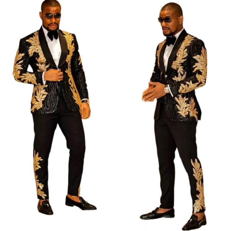 

Slim Fit Men's Shiny Sequins Gold Applique Suits Prom Tuxedos Grooms Jacket Wedding Party 2 Pieces Suits Set (Blazer+Pants)