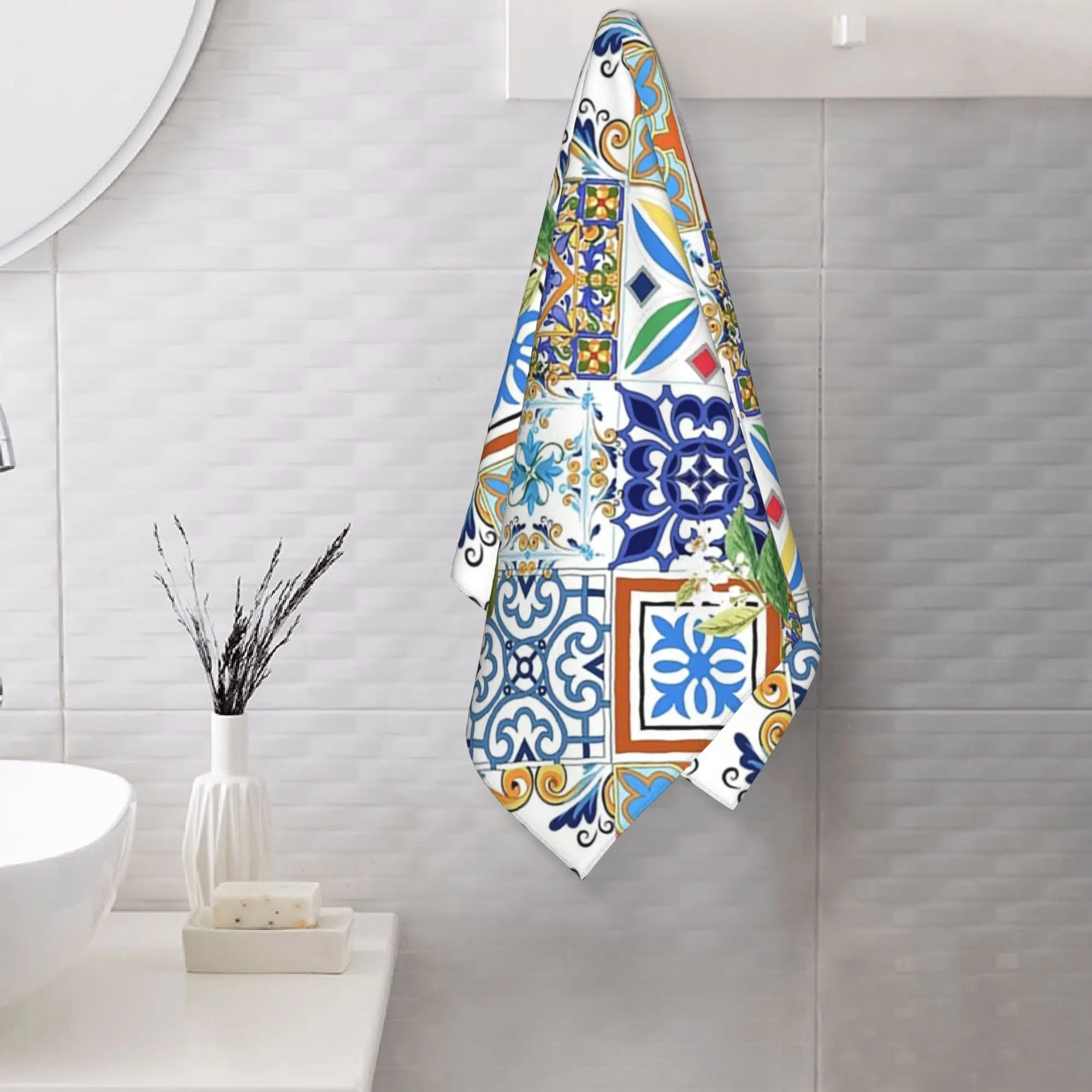 Custom Mediterranean Tiles and Lemon Soft Face Towel Quick Dry Pool Bath Cotton Towels Breathable