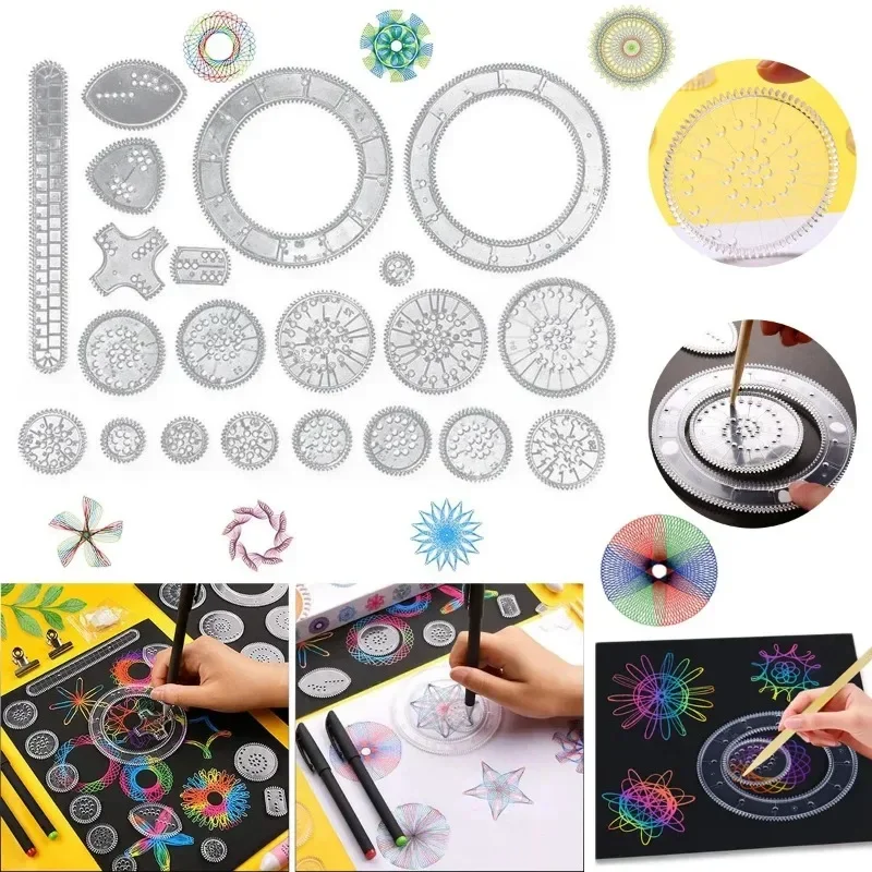 New 22pcs Clear Spirograph Drawing Toy Set DIY Creative Design Geometric Drawing Interlocking Gears Wheels Ruler Kids Art Craft