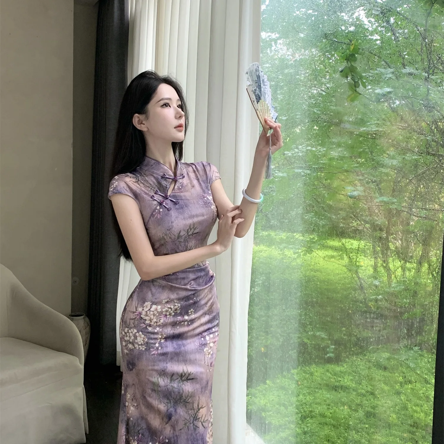 Retro Republic of Chi Improved  Print Split Pleated Dr ort Sve Mid-Length Chinese Sle Women's Faion