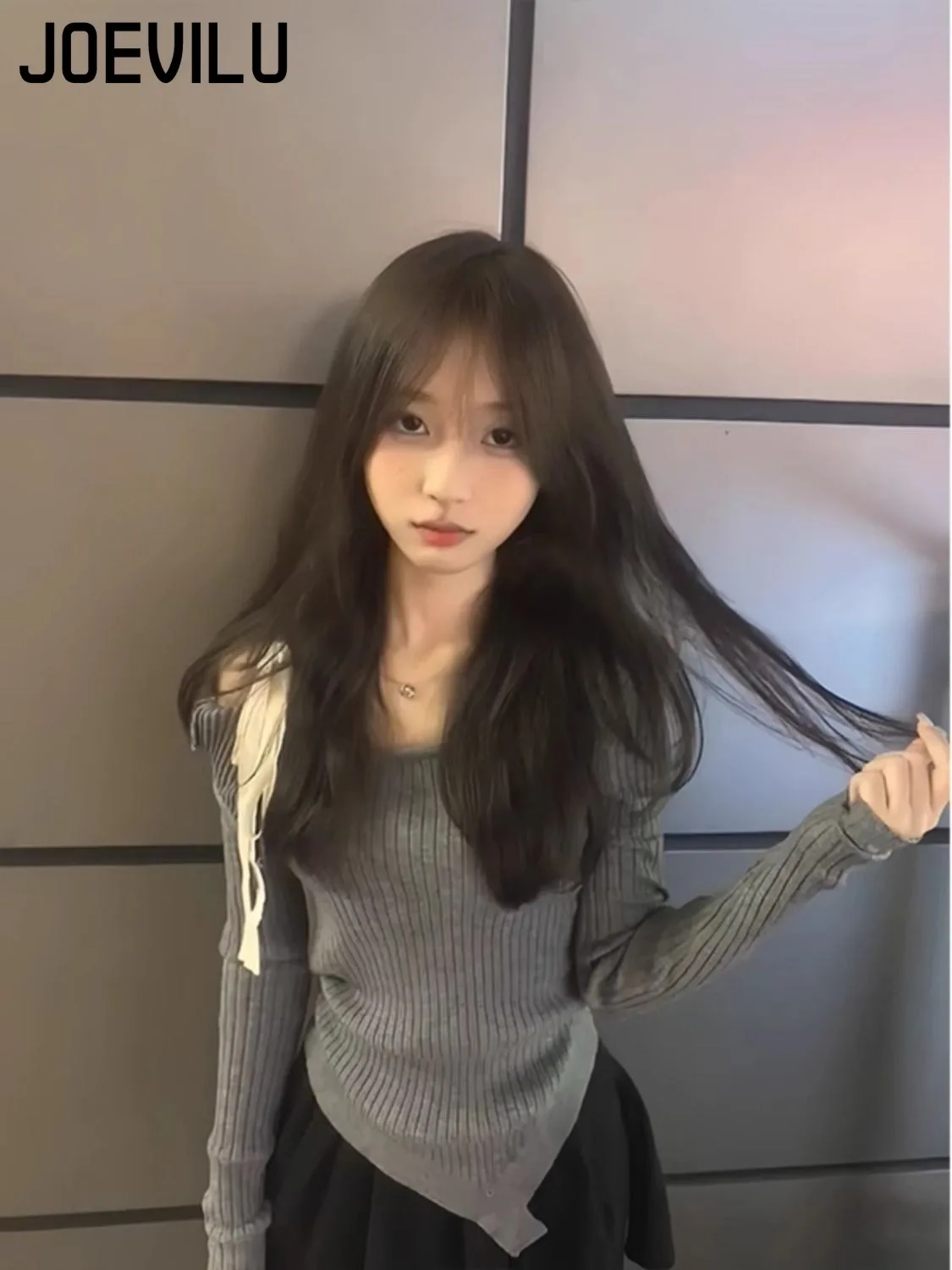 Off Shoulder Strap Pullover Sweater Long Sleeved Knitted Tops Female Slim Fit Lining Babes Korean Fashion Jumper Y2k Clothes