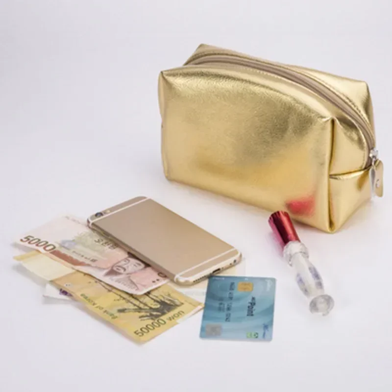 Women Gold Champagne Colour Female Clutch Cosmetic Bag Pu Leather Fashion Lady Makeup Organizer Purse Toiletry Kit Bag Case