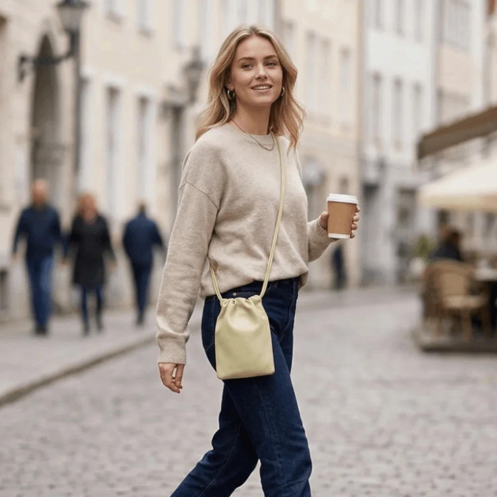 

Casual Drawstring Crossbody Bag Candy Color Pu Leather Mini Bucket Bag Lightweight Large Capacity Shoulder Purse