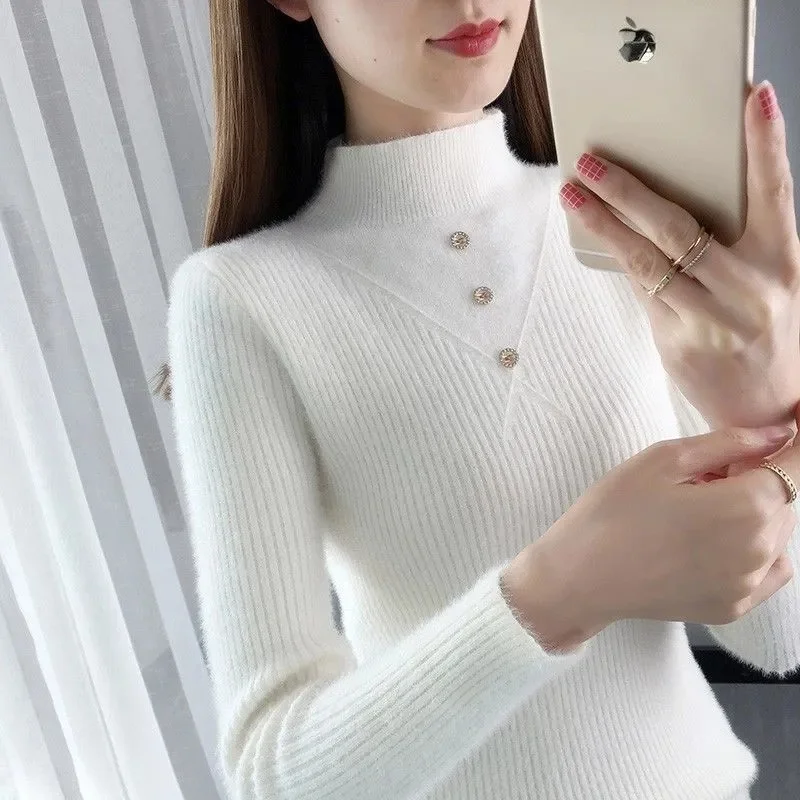 2023 New Turtleneck Jumper Woman Knitted Blouses Fashion Ladies Sweaters Winter Thermal Striped Long Sleeve Autumn Warm Tops