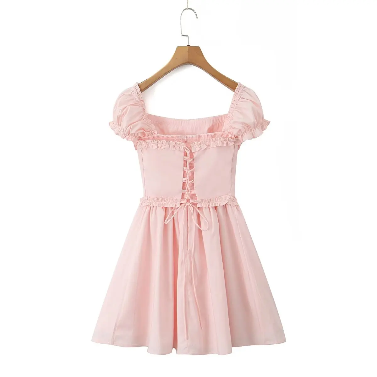 Sweet Pink Wood ears Low Chest Corset style Mini Dress Women Cross Lacing up Bandage Back Short Puff Sleeve Low Waist Party Robe