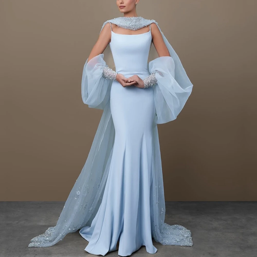 

Luxury Spaghetti Straps Mermaid Floor Length Evening Dress Sexy Open Back with Beading Sweep Train Women Formal Customized Gown
