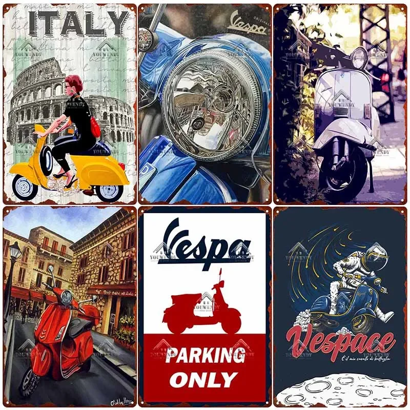 Retro Tin Sign Plaque for Home Decor, Vintage Vespa Metal Art Poster, Club Bar, Motorcycle Garage Wall Decoration, Sign Plate