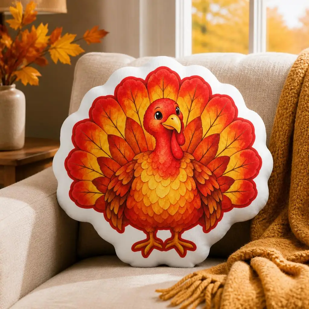 Cute Thanksgiving Turkey Shaped Pillow Watercolor Fall Cushion Stuffed Throw Pillow for Sofa Harvest Table Decor Gift