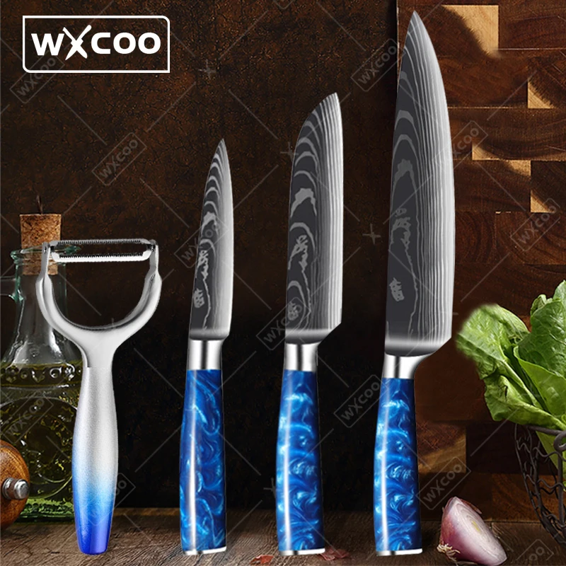 WXCOO Acciaio inossidabile Mannaia da macellaio per carne Damasco Modello laser Coltelli da cucina Coltello per disossare affilato Coltello da chef multiuso