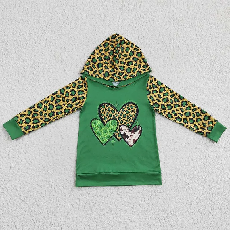 

Toddler Hoodie St. Patrick's Long Sleeves Green Heart Cow Sportswear Baby Boy Tee Wholesale Children Hooded Leopard Sweatshirt