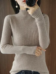 Women Sweater Autumn Winter Thick Warm Slim Fit Sweaters Solid Long Sleeve Fashion Korean Jumpers Half High Collar Knitwears