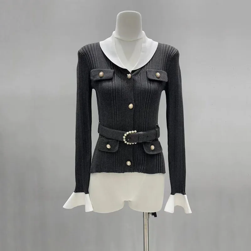 Women's Two-Tone Fitted Lapel Cardigan, Single-Breasted Waist-Cinched Jacket, High-Quality Knit Top, 2026, New Arrival, Y2K