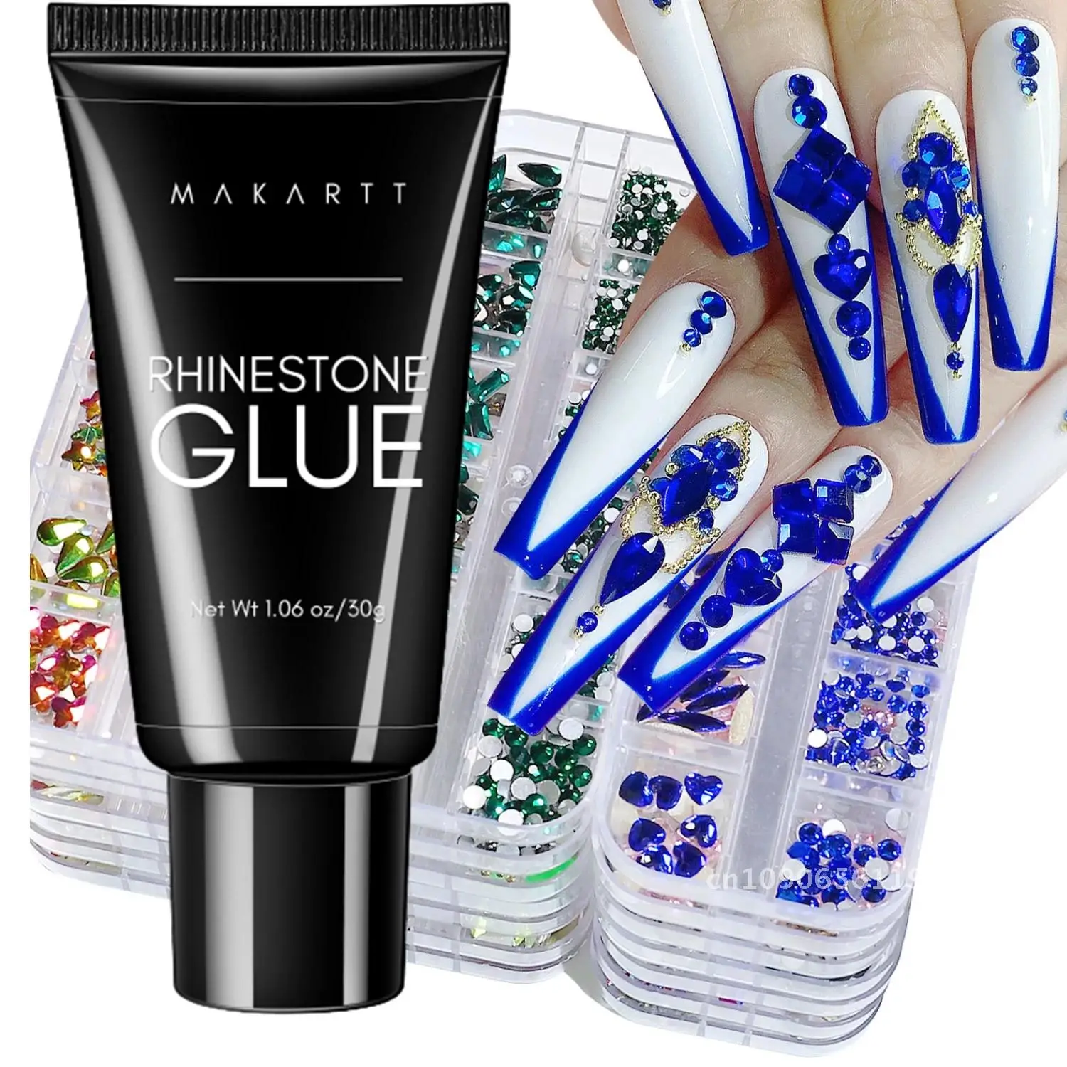 30g Makartt Rhinestone Glue with Royal Blue Glass Crystal Kit  for Shine Nail Art Manicure Makeup DIY Decoration Gem Jewelry