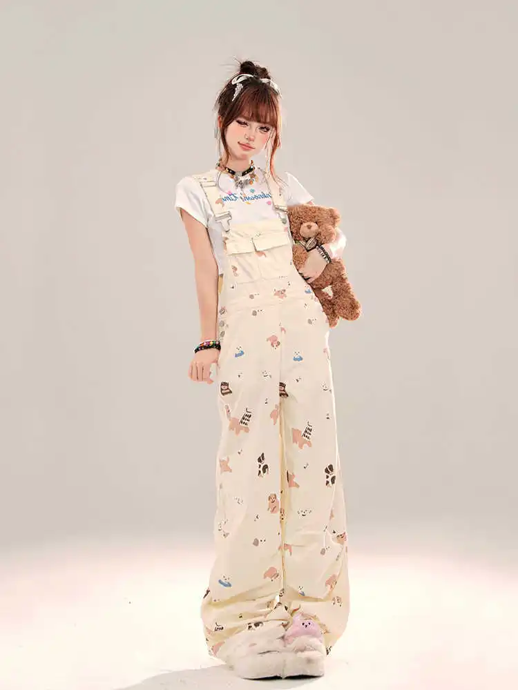 White Cute Age Reducing Cowboy Strap Pants for Women Summer 2026 New Style Cartoon Pattern Loose Straight Leg Wide Leg