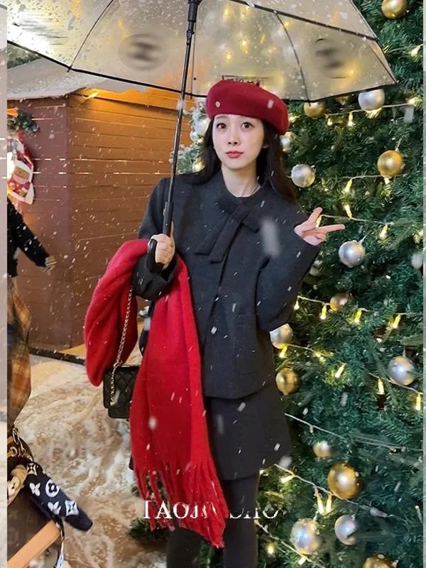 

Elegant Winter Women's Outfit with Bowtie down Jacket And High Waist Skirt Set Long Sleeve round Neck Two-Piece Chic Style