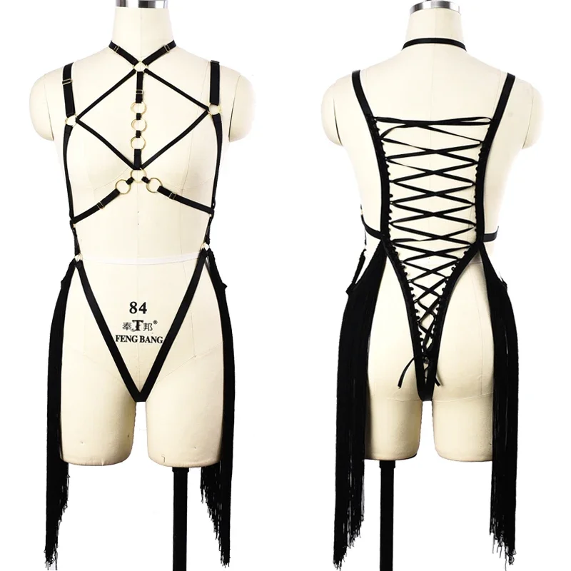 Presente do dia dos namorados preto borla bondage conjunto lingerie sexy rave pólo dança frenum gaiola sutiã fetiche bralette pastel goth calcinha