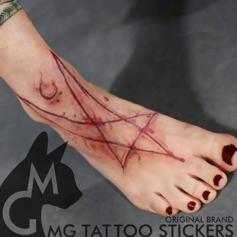 Red Scar Tattoo Stickers for Woman Man Chest Punk Art Temporary Tattoos Waterproof Pentagram Fake Tattoo Lasting Tattoo Sticker