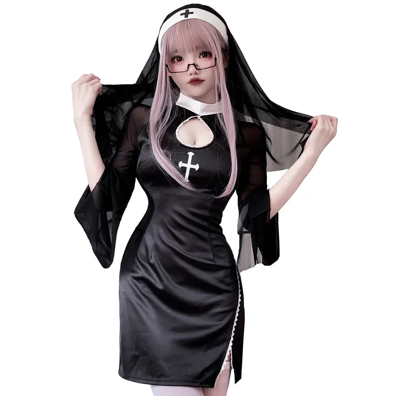 RT01 Disfraz de monja Sexy de Halloween para mujer, disfraz de vampiro cruzado, estilo gótico oscuro, vestido de monja negro con tocado, Rolepla de Carnaval * JK2
