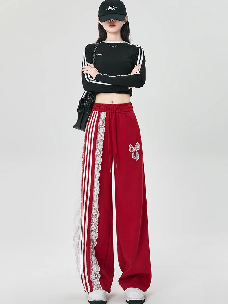 

Women's Striped Lace Baggy Pants Vintage Sweatpants Harajuku Aesthetic Y2k Parachute Pants High Waist Trousers 2000s Clothes New