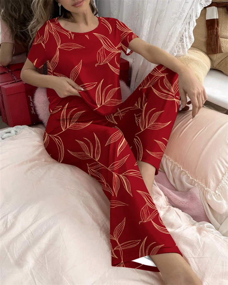 Red bamboo printed pajama suit short sleeved round neck top and elastic belt trousers women\'s pajamas and home wear