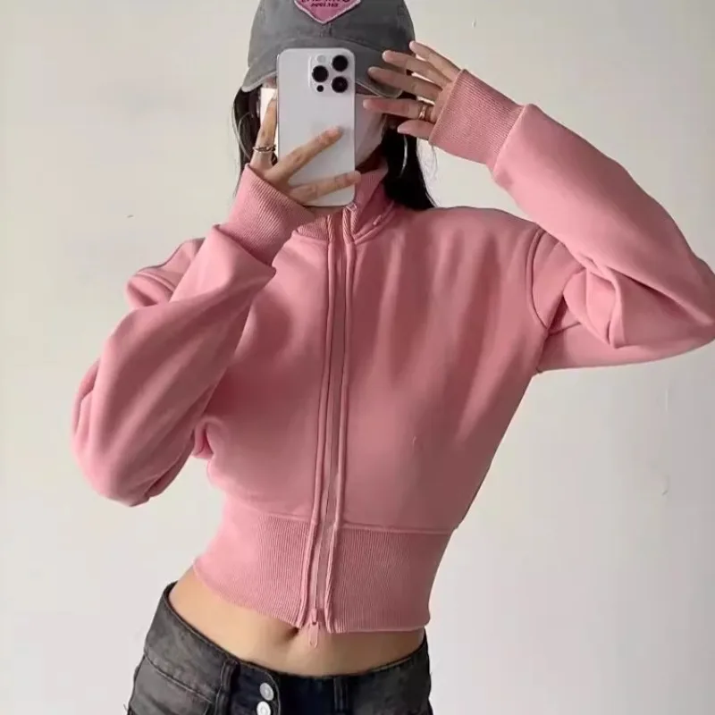 

2024, весенне-осенняя уличная одежда, женские толстовки, толстовки, повседневная спортивная куртка на молнии с высокой талией, тонкие пальто, женские милые топы