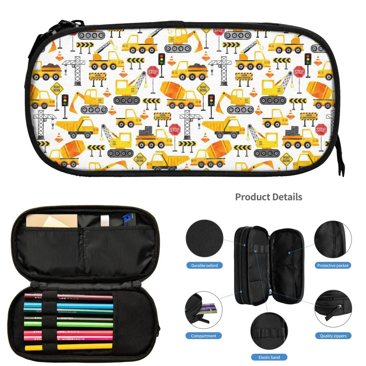 

Road Work Watercolor Construction Vehicles Pencil Cases for Student School Pen Box Pencil Bag Big Capacity Pencil Pouch