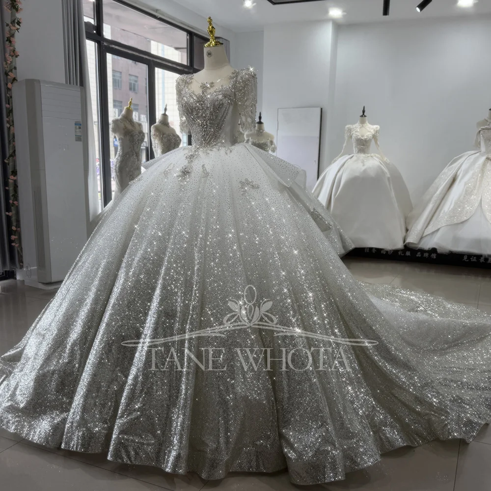 Vestido de noiva prateado, gola redonda, meia manga, renda, costas, vestido de baile, capina, lantejoulas, miçangas, cristal, luxo, vestido de noiva