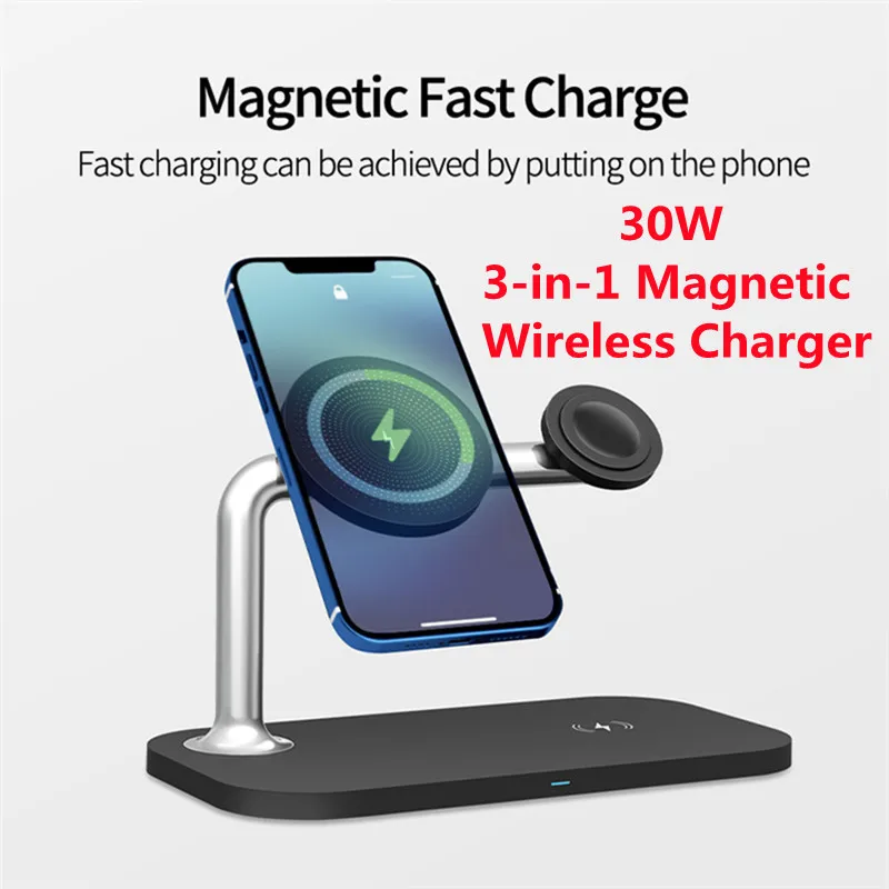 

OJD-85 Магнитное беспроводное зарядное устройство 3-в-1, подставка для быстрой беспроводной зарядки 30 Вт для iphone 12/13Pro Max для Apple Watch и Airpods Pro