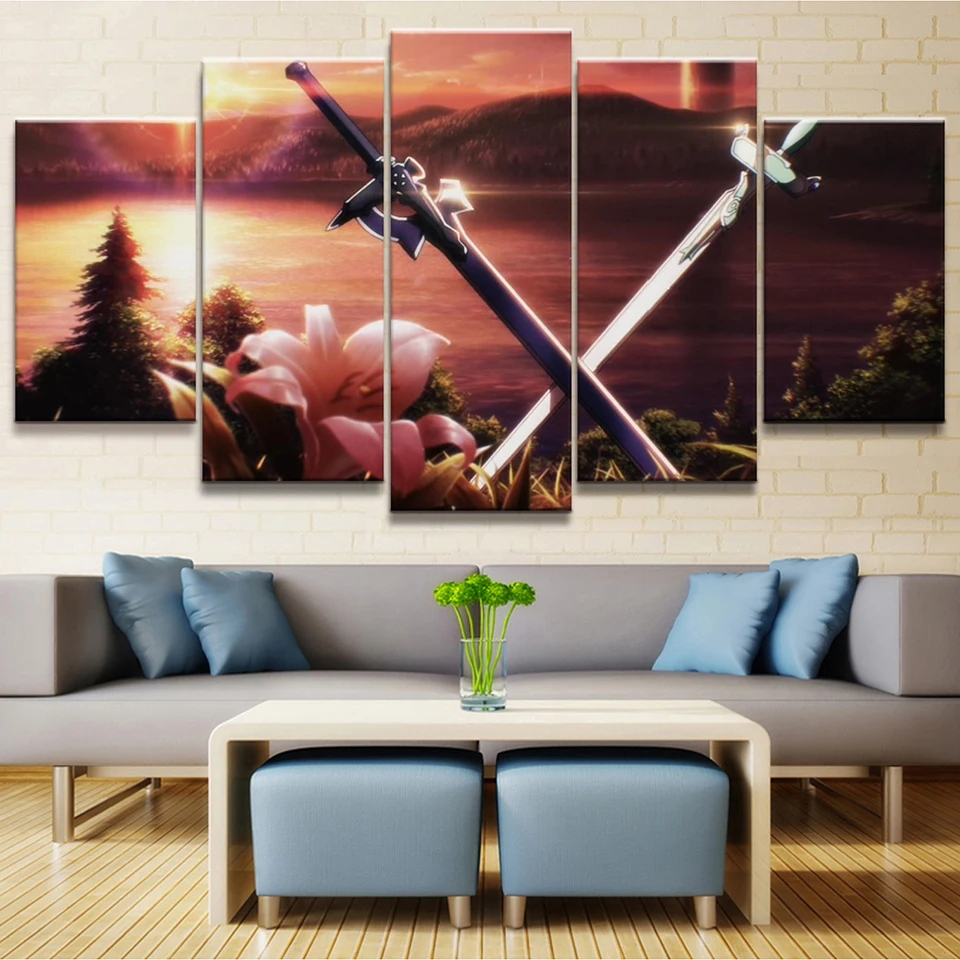 No Frame Home Decor Canvas Printed Sword Poster 5Pieces Art Online HD Painting Wall Art Modern Pictures Living Room Modular