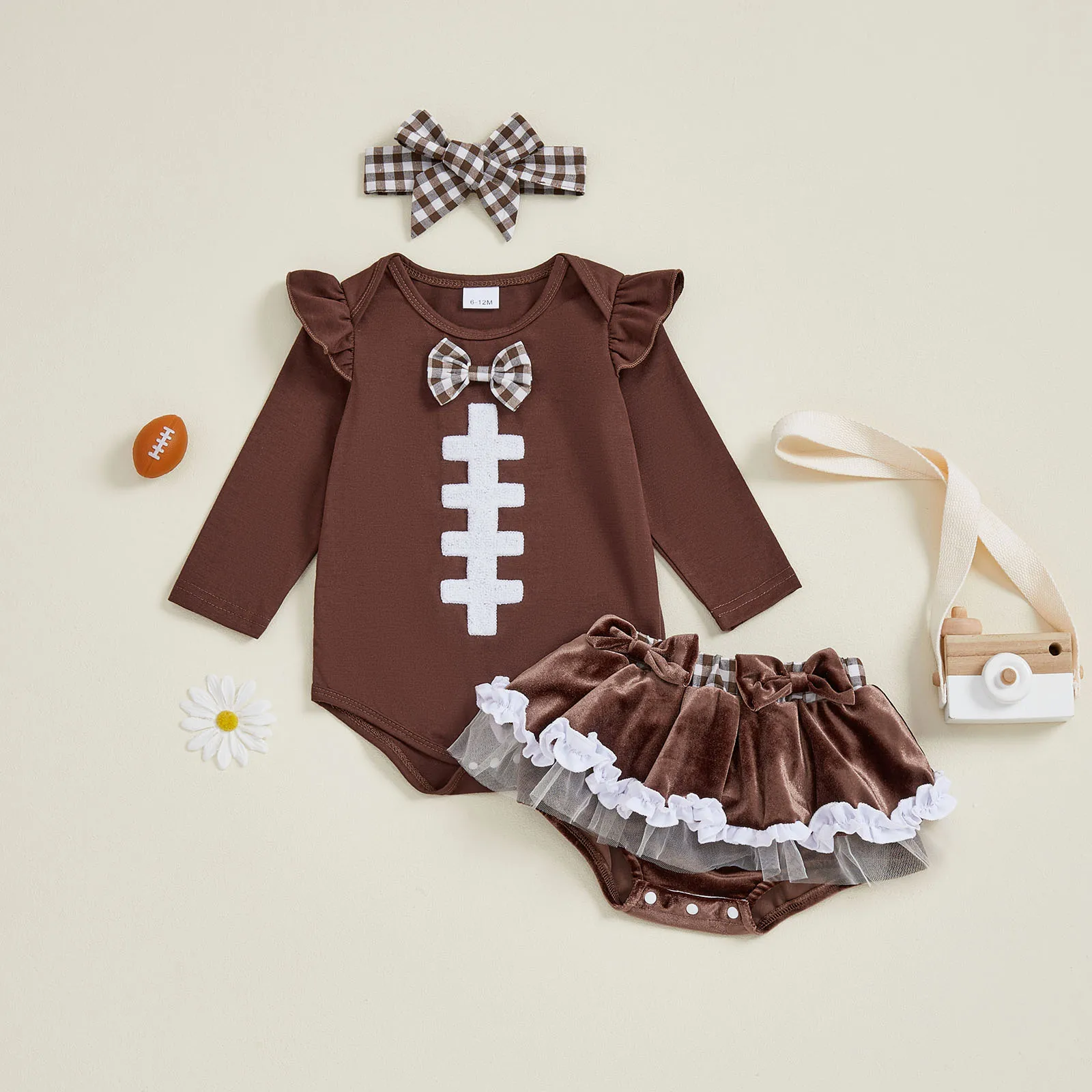 

Детский комплект одежды для девочек: вышитый футбольный ромпер с длинным рукавом, бархатные юбки-шорты, повязка на голову с бантом, 3 предмета, осень-зима