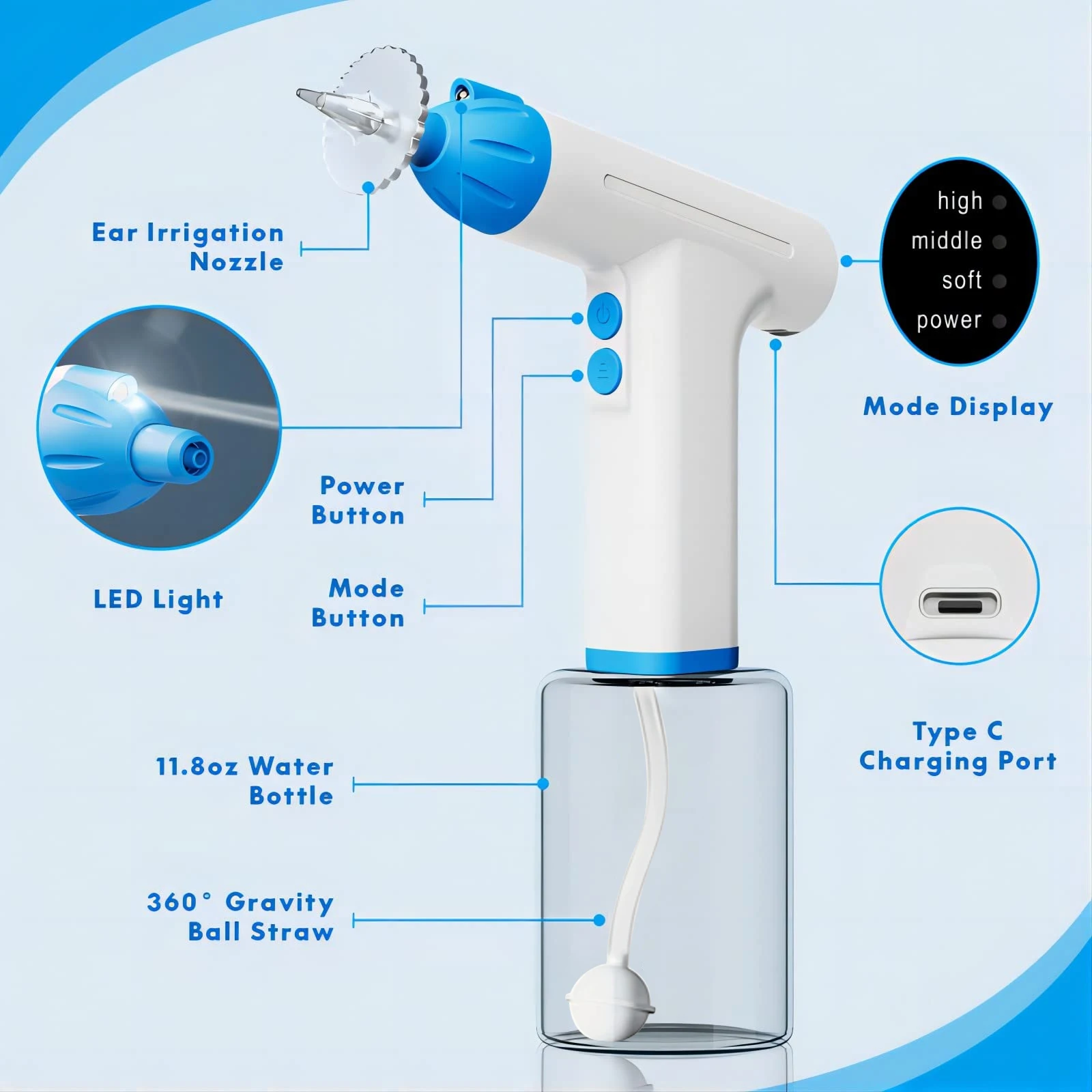 Electric Ear Wax Cleaner Kit 3 Pressure Levels Portable Ear Canal Irrigation Tool For Adults Child Earwax Removal 350ml Capacity