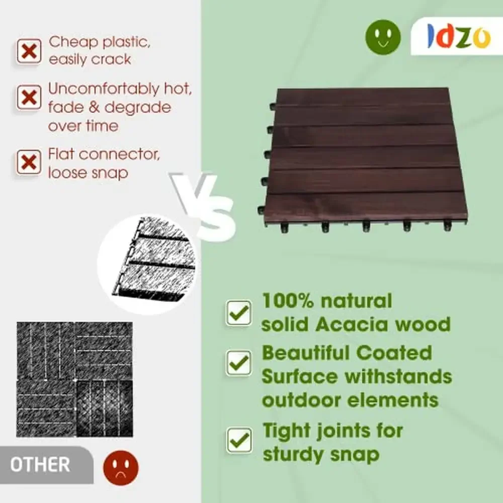 Interlocking Acacia Wood Deck Tiles 10PCS Waterproof Patio Flooring Indoor & Outdoor Decking Dark Brown Stripe Easy Snap-lock