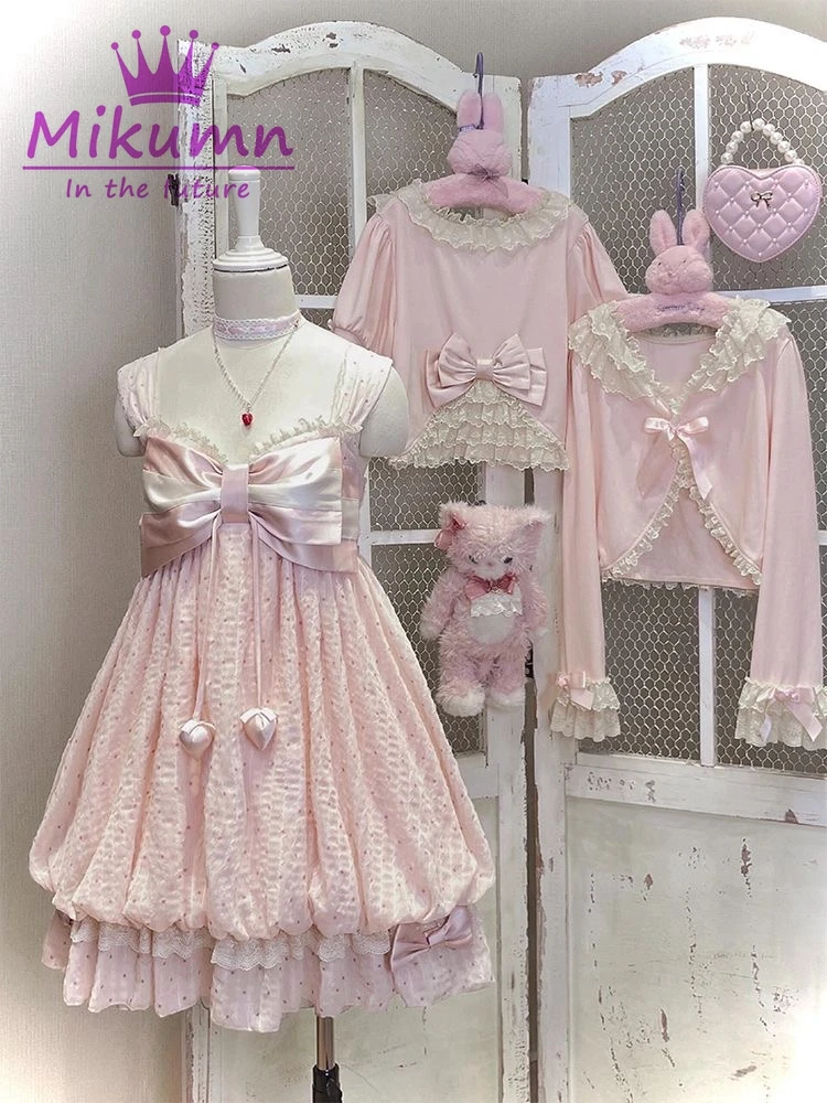 Japanische Lolita-Stil-Kawaii-Kleid-Sets für Damen, süße Schleife, Spitze, Strickjacke, ärmellose Rüschen, Minikleider, Harajuku, süßes Y2k-Outfit
