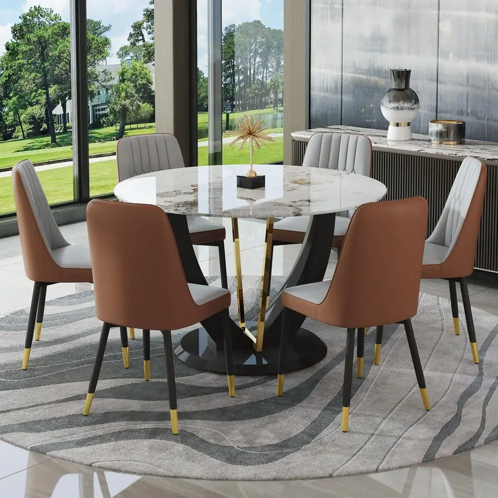 

Round Dining Table Set for 6, 42 Faux Marble Kitchen Table and Chairs Set with 6 PU Upholstered Chairs, Modern 7 Piece Dining R
