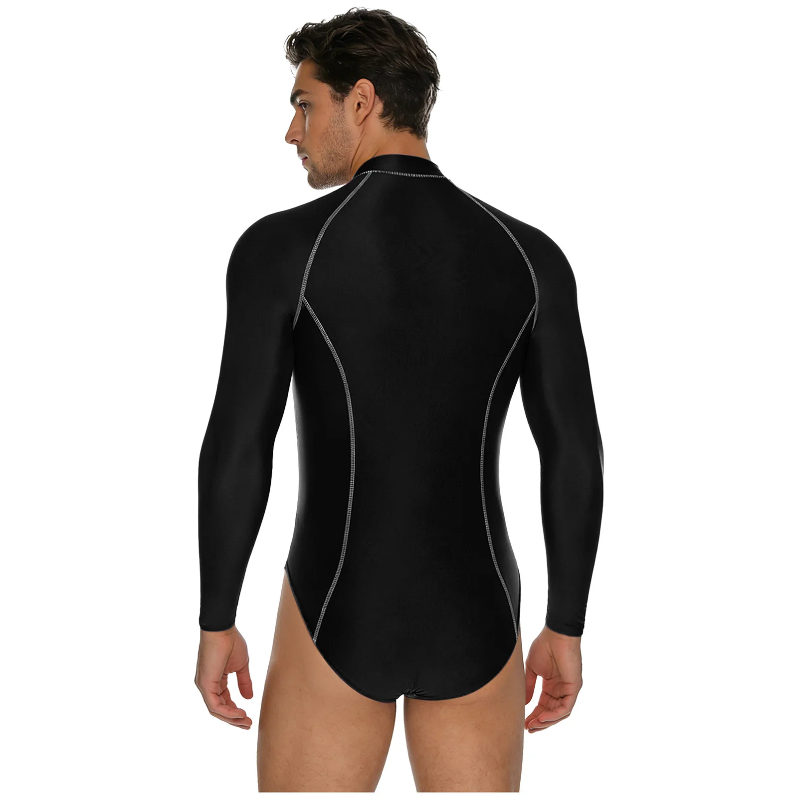 Herren-Badeanzug mit Glanzoptik, Rash Guard Schwimmanzug mit Langen Ärmeln, Frontreißverschluss, Hochgeschnittener Leotard-Jumpsuit für Surfen und Schwimmen – Detail 8